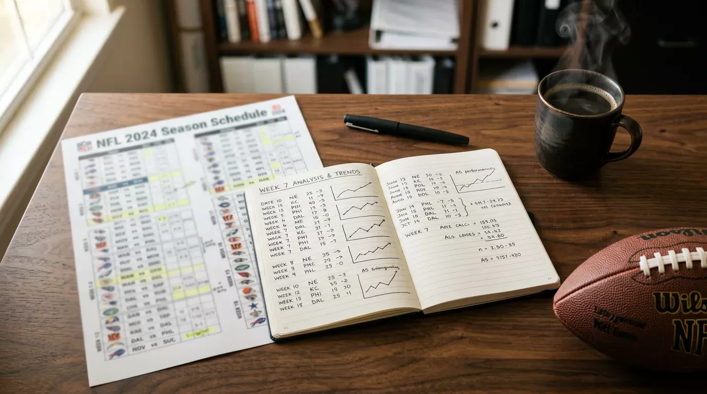 NFL betting systems analysis with point spread data and ATS records on a desk