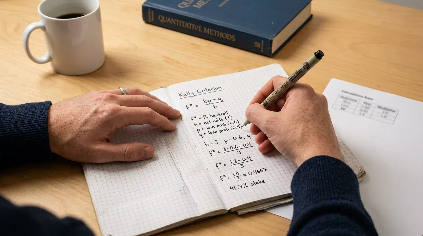 Notebook with Kelly Criterion formula and bankroll calculations for NFL betting