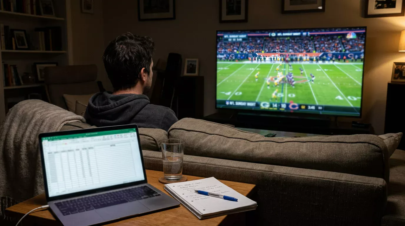Person watching an NFL game on television while reviewing live betting data on a laptop